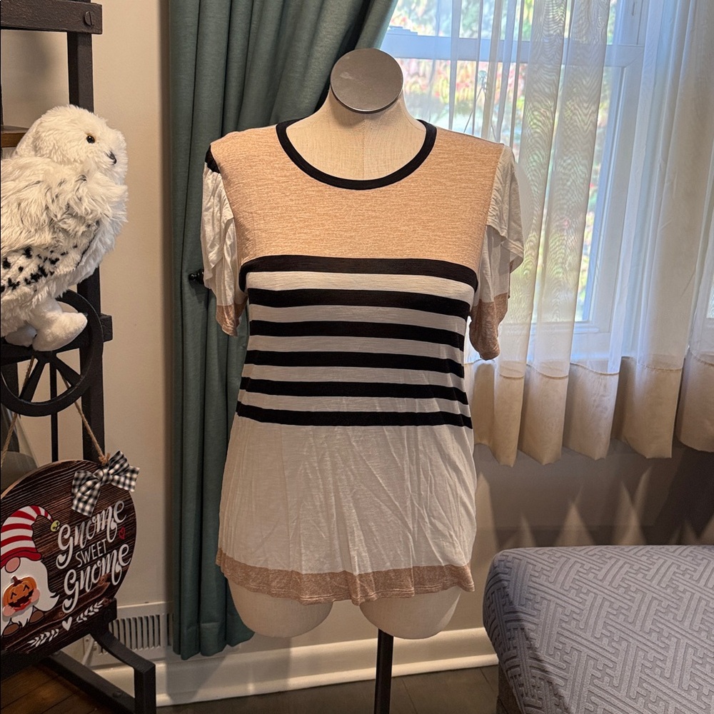 NWOT LuLaRoe Olive Tan, Cream & Black Top with tulip sleeves - Size: Large